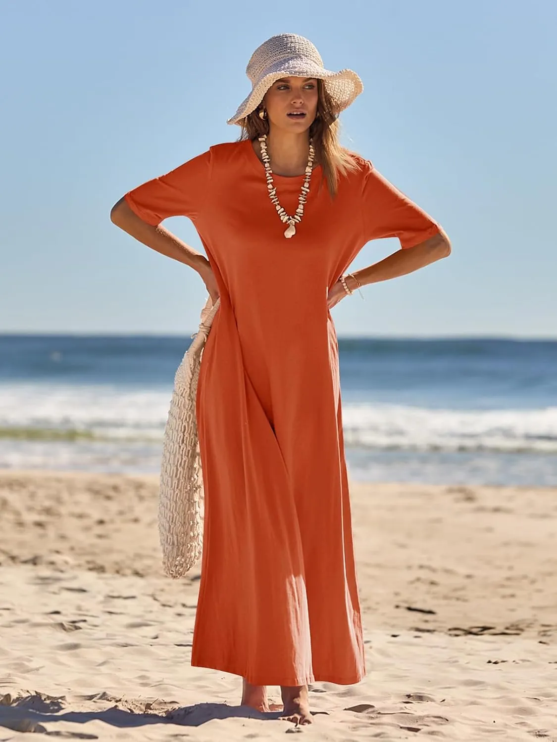 MEROKEETY Women's 2025 Spring Summer Casual Maxi Dress Beach Vacation Short Sleeve Crewneck Basic Long T Shirt Dresses