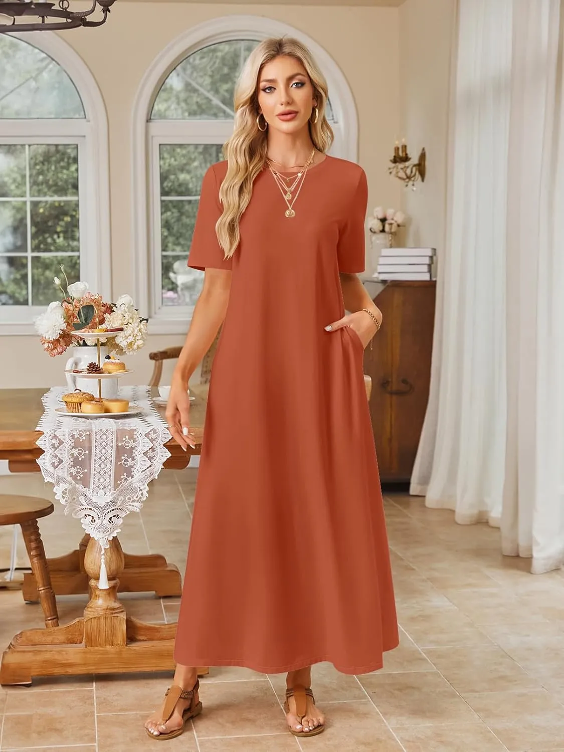 MEROKEETY Women's 2025 Spring Summer Casual Maxi Dress Beach Vacation Short Sleeve Crewneck Basic Long T Shirt Dresses