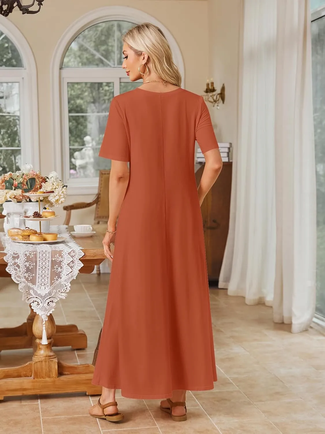 MEROKEETY Women's 2025 Spring Summer Casual Maxi Dress Beach Vacation Short Sleeve Crewneck Basic Long T Shirt Dresses