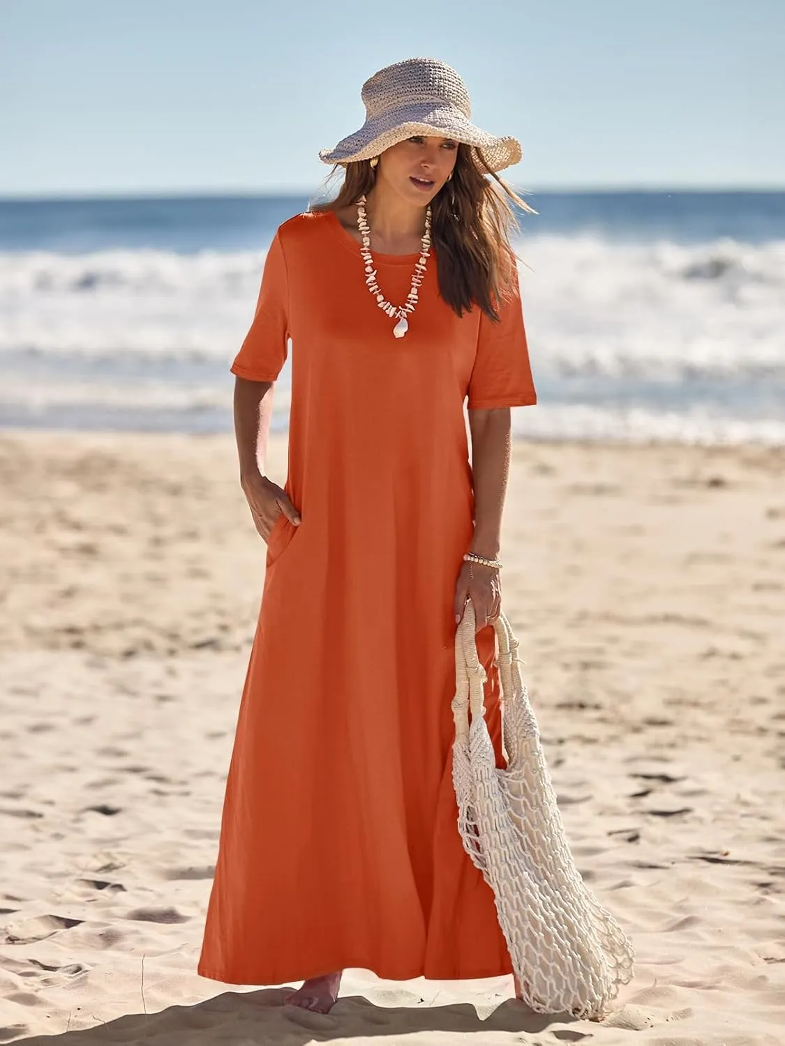 MEROKEETY Women's 2025 Spring Summer Casual Maxi Dress Beach Vacation Short Sleeve Crewneck Basic Long T Shirt Dresses