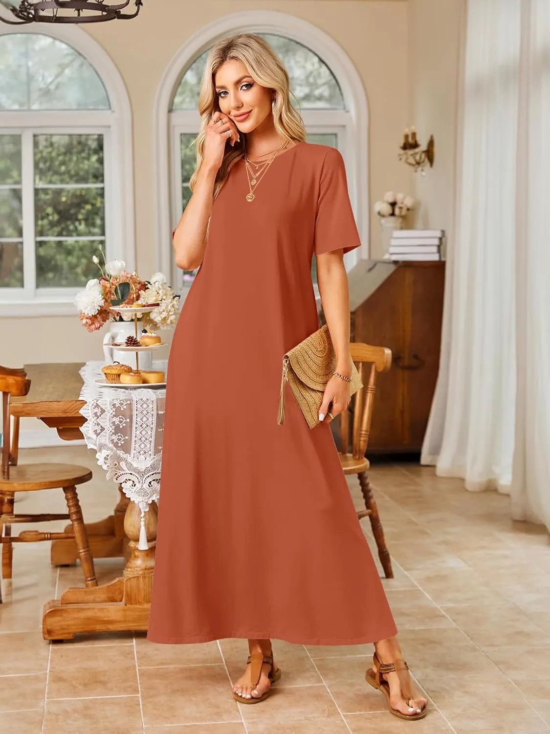 MEROKEETY Women's 2025 Spring Summer Casual Maxi Dress Beach Vacation Short Sleeve Crewneck Basic Long T Shirt Dresses