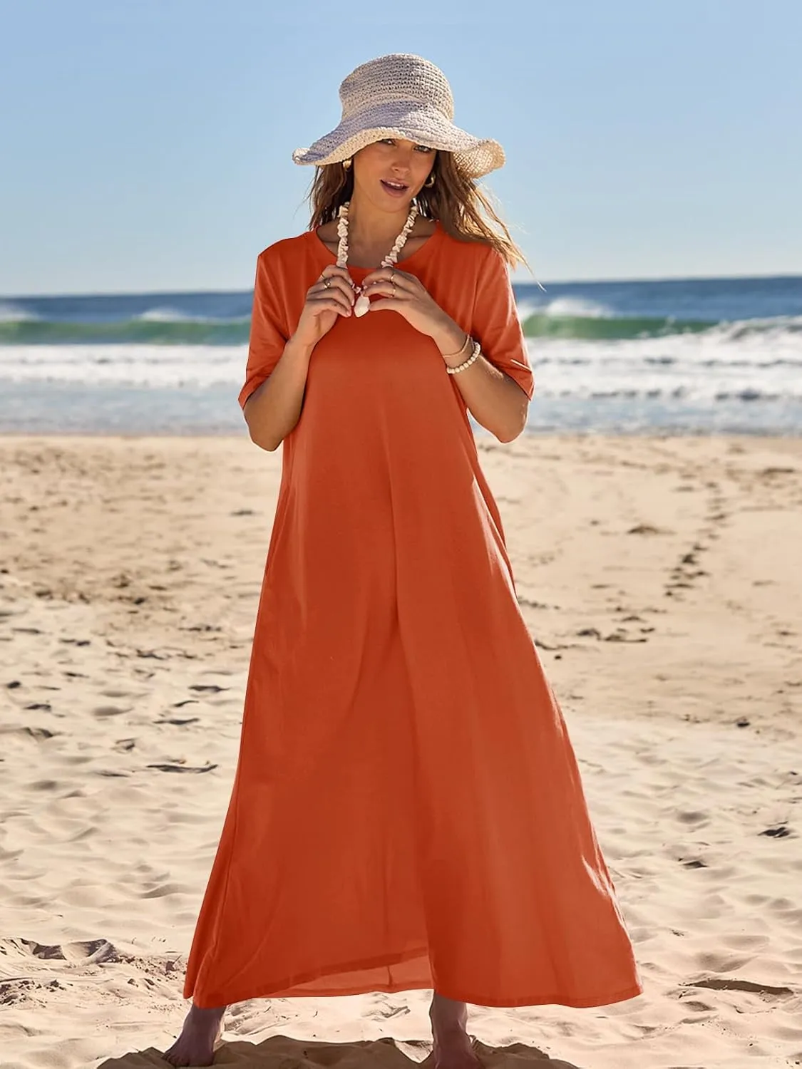 MEROKEETY Women's 2025 Spring Summer Casual Maxi Dress Beach Vacation Short Sleeve Crewneck Basic Long T Shirt Dresses