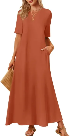 MEROKEETY Women's 2025 Spring Summer Casual Maxi Dress Beach Vacation Short Sleeve Crewneck Basic Long T Shirt Dresses
