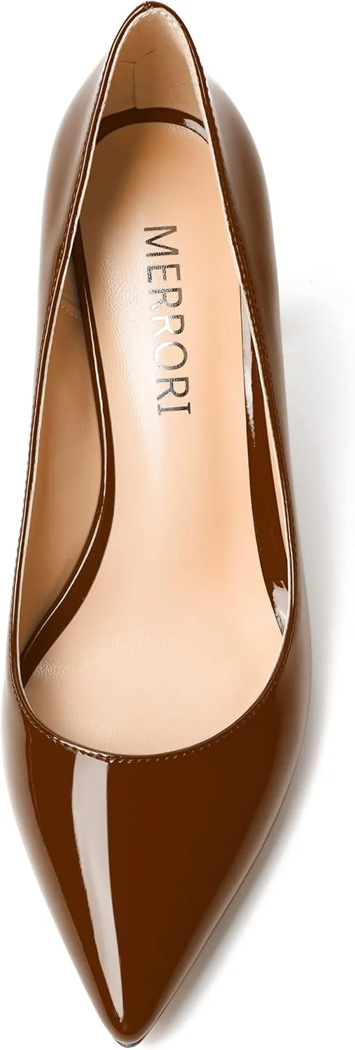 MERRORI Women's Heels Slip On Dress Patent Dating Solid Pointed Toe Stiletto High Heel Pumps Shoes 3.3 Inch