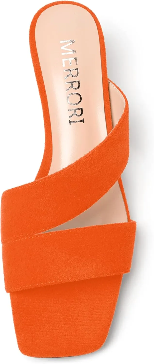 MERRORI Womens Slip On Casual Open Toe Evening Suede Chunky Low Heel Heeled Sandals 1.5 Inch