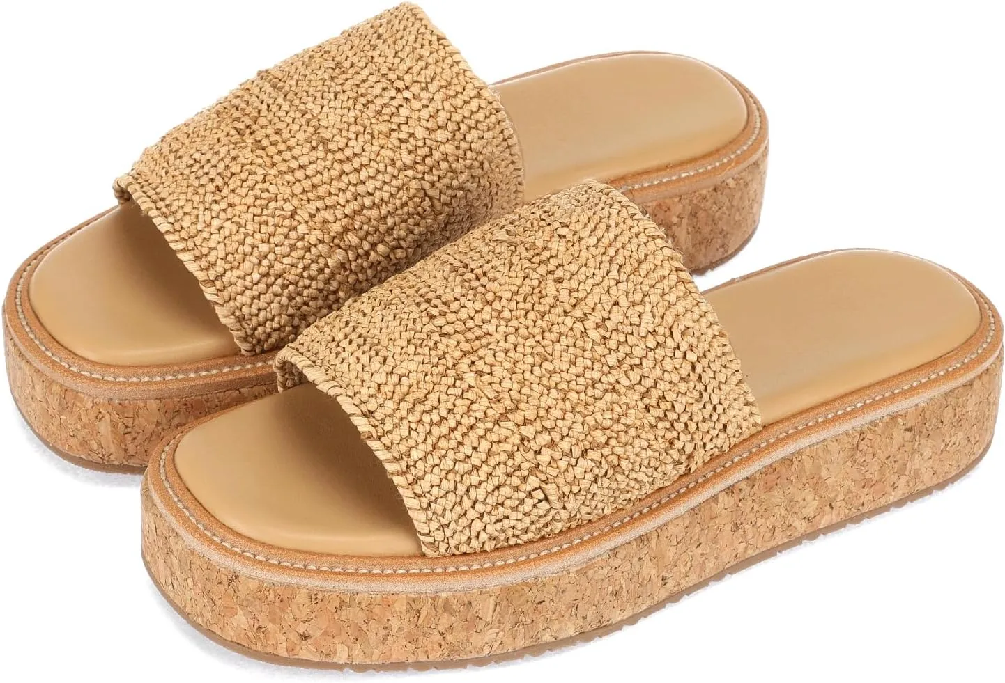 Monrovia Platform Sandals for Women, Wedge Espadrille Slides with Raffia Straw, Comfortable Brown Summer Sandals for Beach, Walking, Camping, Vacation