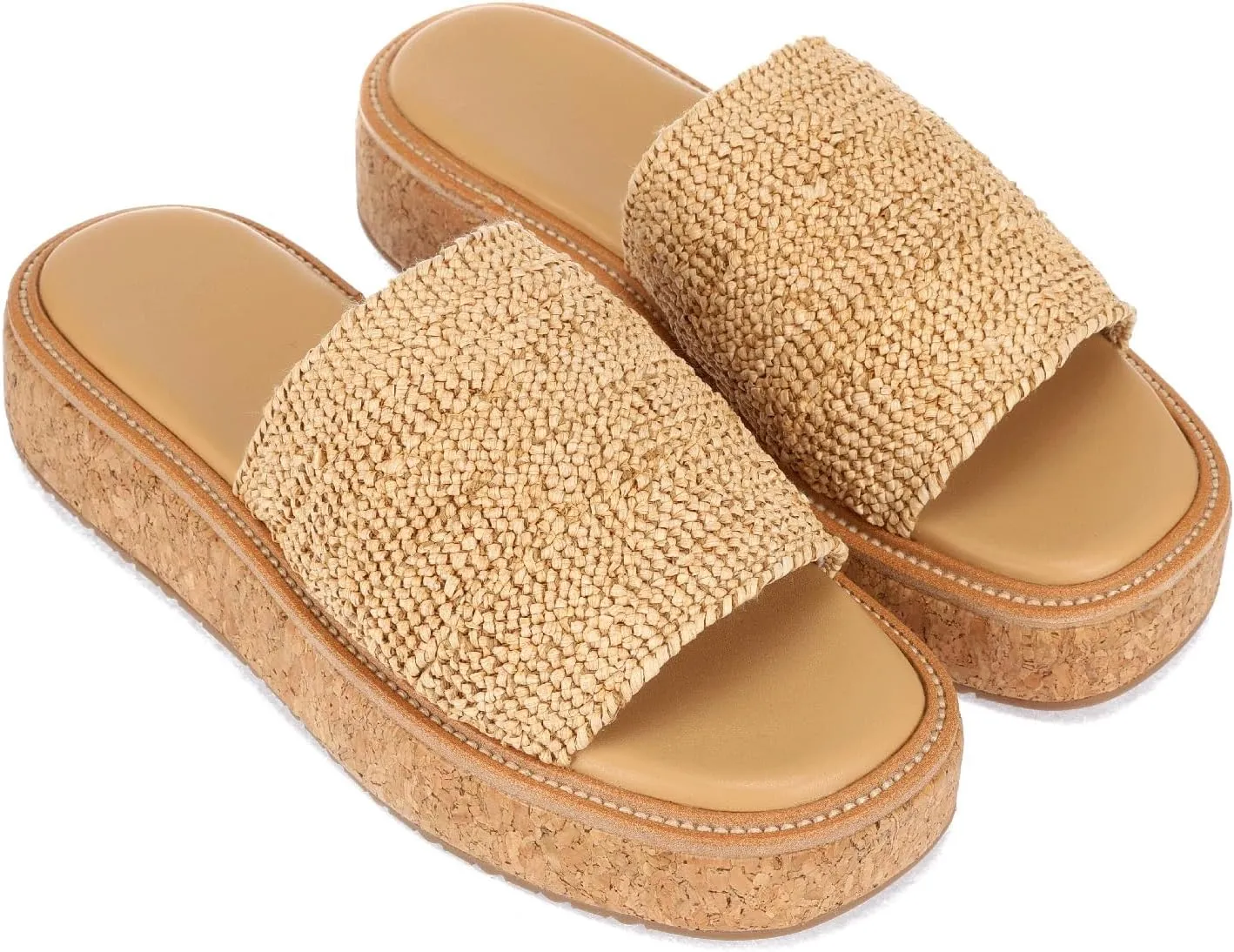 Monrovia Platform Sandals for Women, Wedge Espadrille Slides with Raffia Straw, Comfortable Brown Summer Sandals for Beach, Walking, Camping, Vacation