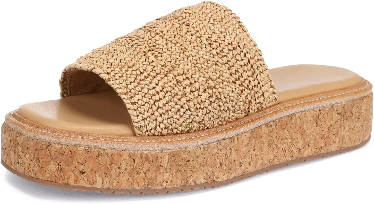 Monrovia Platform Sandals for Women, Wedge Espadrille Slides with Raffia Straw, Comfortable Brown Summer Sandals for Beach, Walking, Camping, Vacation