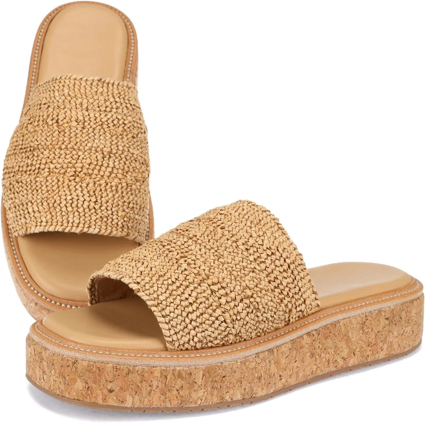 Monrovia Platform Sandals for Women, Wedge Espadrille Slides with Raffia Straw, Comfortable Brown Summer Sandals for Beach, Walking, Camping, Vacation