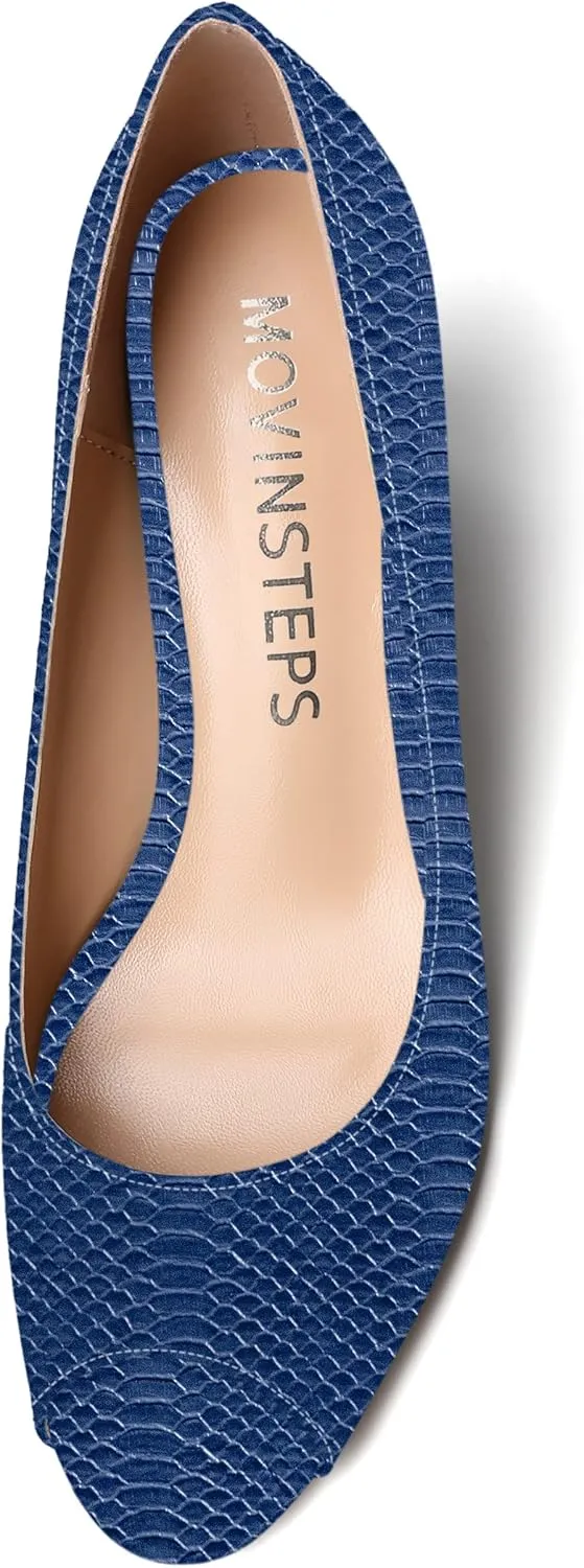 MOVINSTEPS Womens Slip On Dating Peep Toe Dress Patent Block Mid Heel Pumps Shoes 2.5 Inch