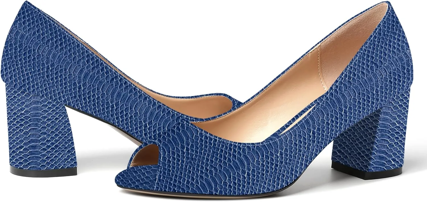 MOVINSTEPS Womens Slip On Dating Peep Toe Dress Patent Block Mid Heel Pumps Shoes 2.5 Inch