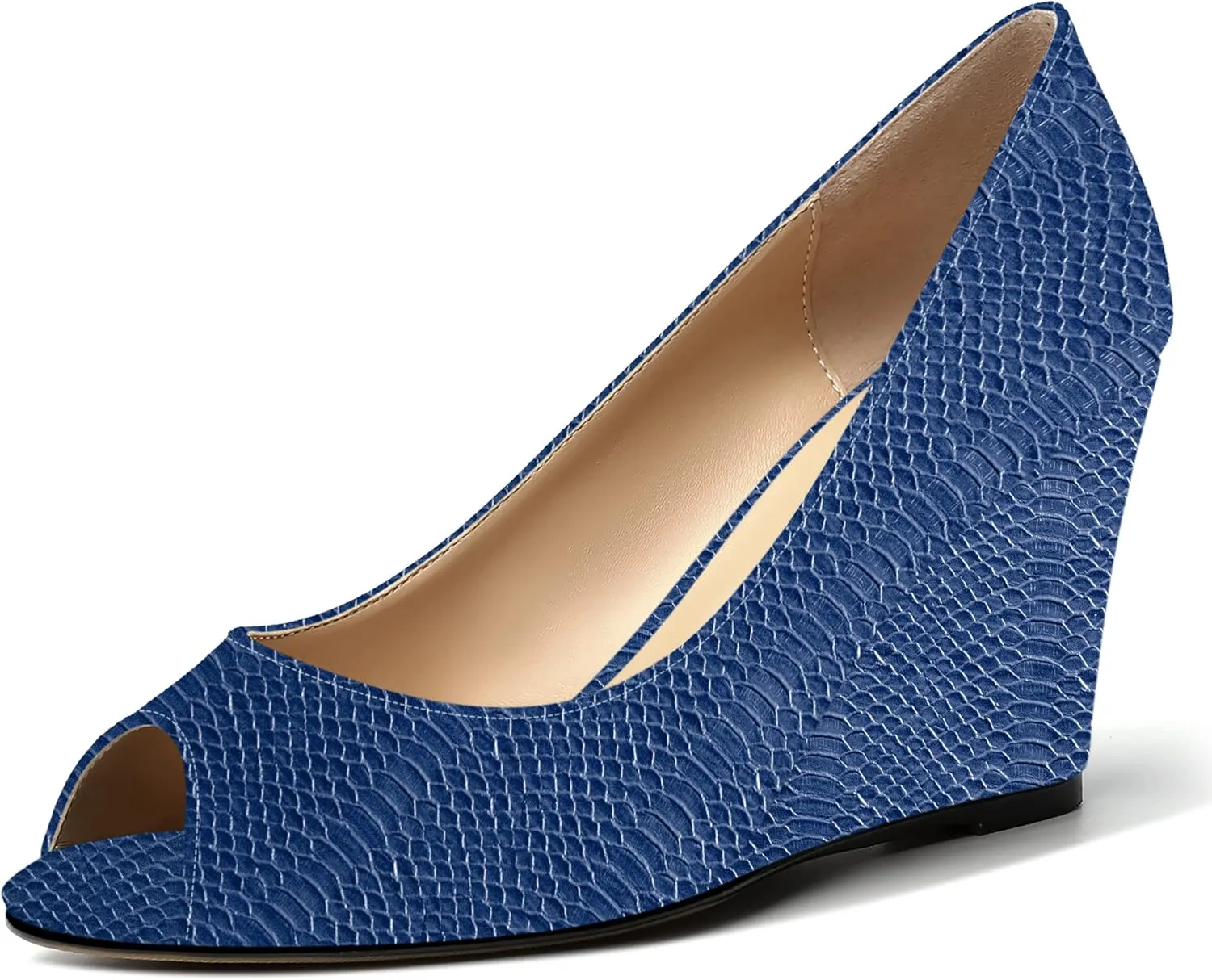MOVINSTEPS Womens Slip On Work Patent Peep Toe Fashion Wedge High Heel Pumps Shoes 3.3 Inch