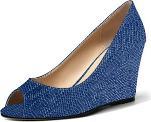 MOVINSTEPS Womens Slip On Work Patent Peep Toe Fashion Wedge High Heel Pumps Shoes 3.3 Inch