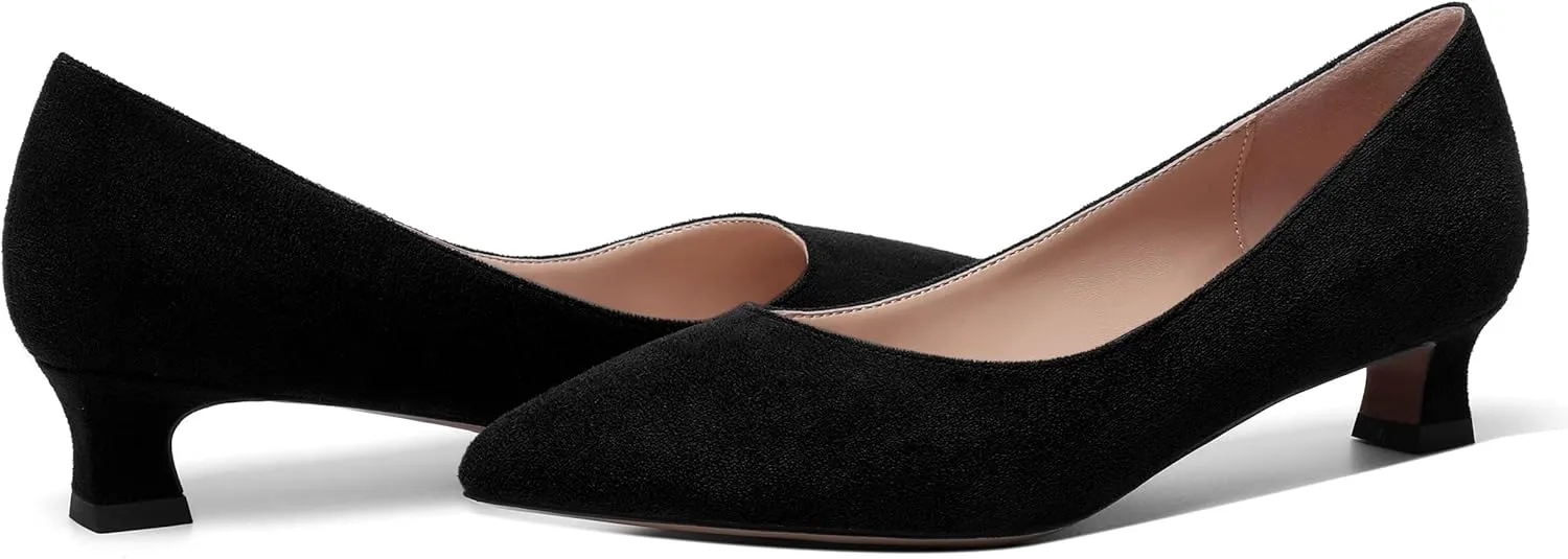 MOVINSTEPS Womens Suede Solid Pointed Toe Slip On Dress Wedding Kitten Low Heel Pumps Shoes 1.5 Inch