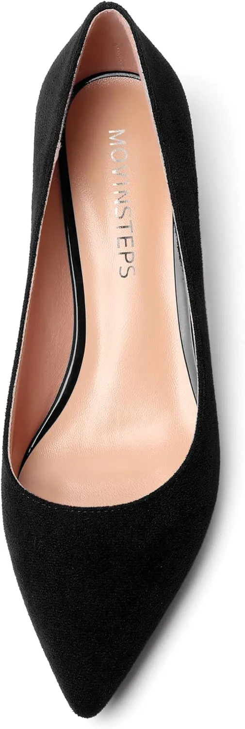 MOVINSTEPS Womens Suede Solid Pointed Toe Slip On Dress Wedding Kitten Low Heel Pumps Shoes 1.5 Inch