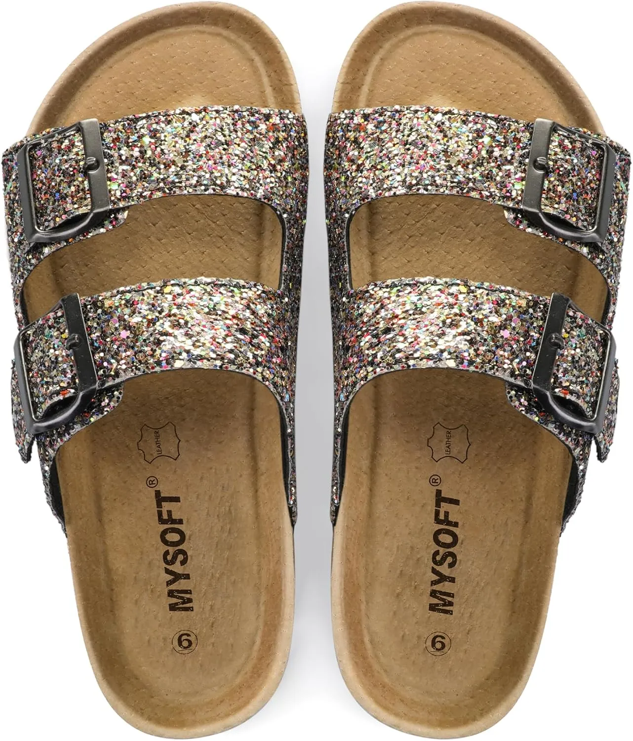 mysoft Womens Flat Sandals Cork Footbed Slides 2 Straps Adjustable Buckle Slip On Summer with  Comfort Shoes