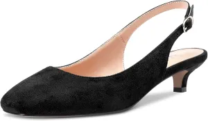 NobleOnly Stiletto Low Kitten Heel Close Toe Slip-on Pumps Slingback Buckle Dress Sandals 1.4 Inches Heels Shoes