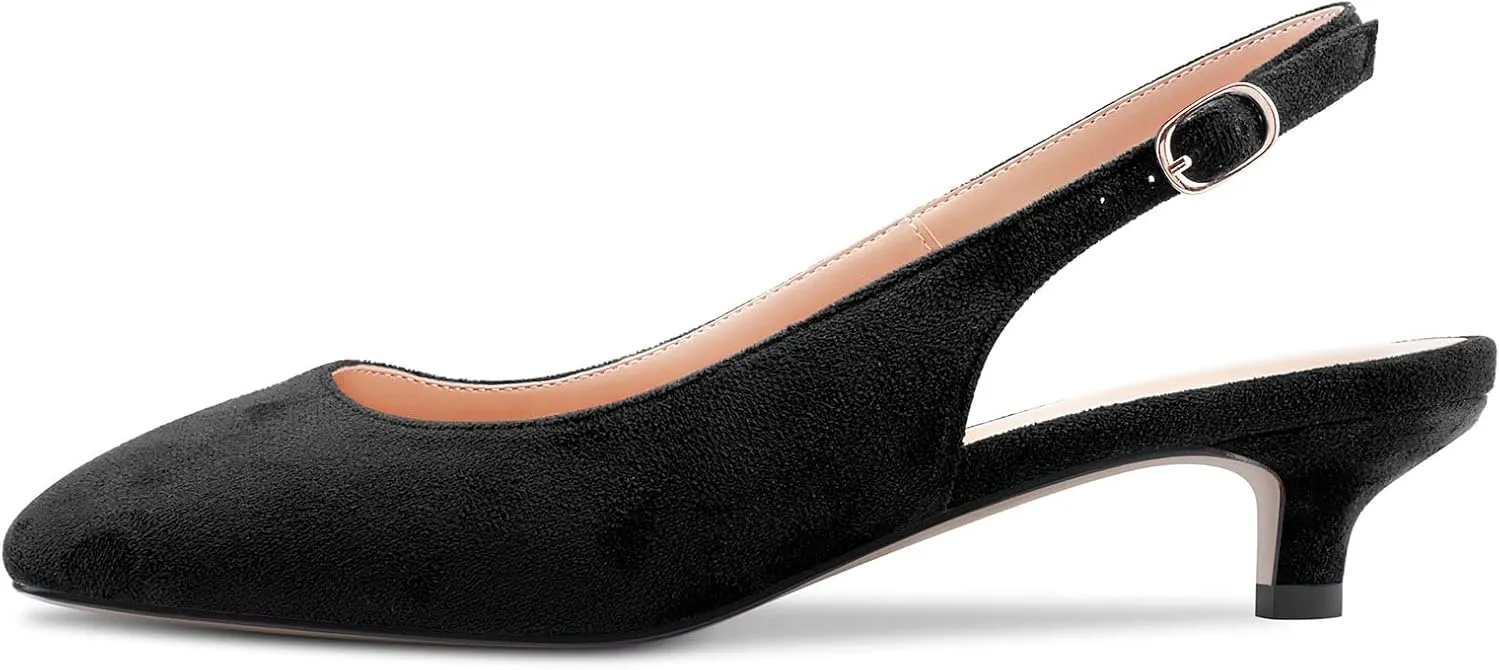 NobleOnly Stiletto Low Kitten Heel Close Toe Slip-on Pumps Slingback Buckle Dress Sandals 1.4 Inches Heels Shoes