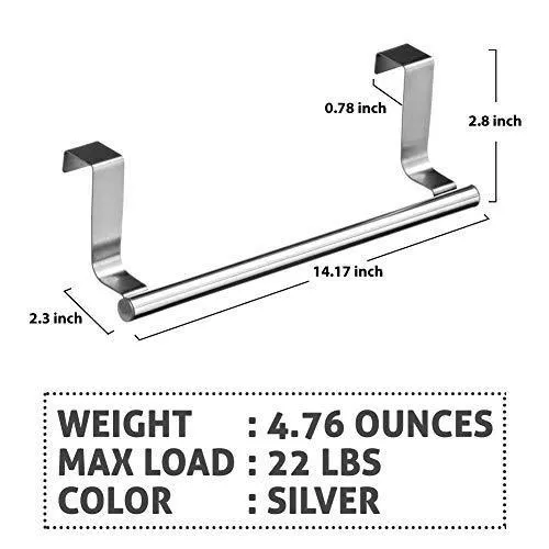 Over Cabinet Towel Bar with Hooks, 14" Brushed Stainless Steel Towel Rack for Bathroom and Kitchen with 22 Lbs Maximum Load