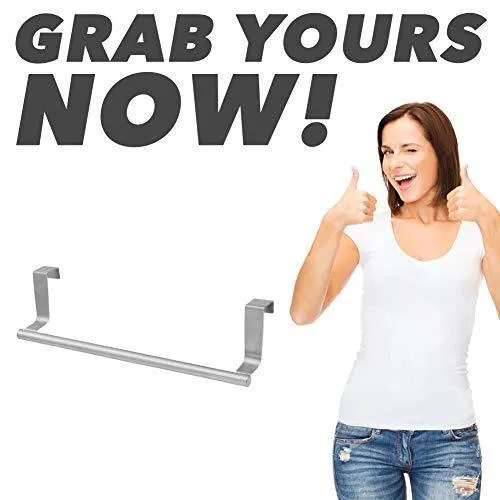 Over Cabinet Towel Bar with Hooks, 14" Brushed Stainless Steel Towel Rack for Bathroom and Kitchen with 22 Lbs Maximum Load