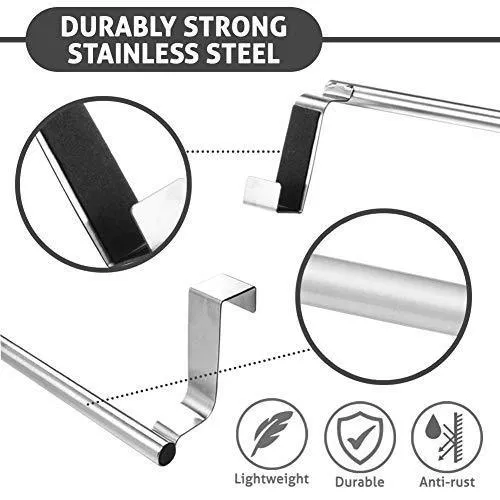 Over Cabinet Towel Bar with Hooks, 14" Brushed Stainless Steel Towel Rack for Bathroom and Kitchen with 22 Lbs Maximum Load