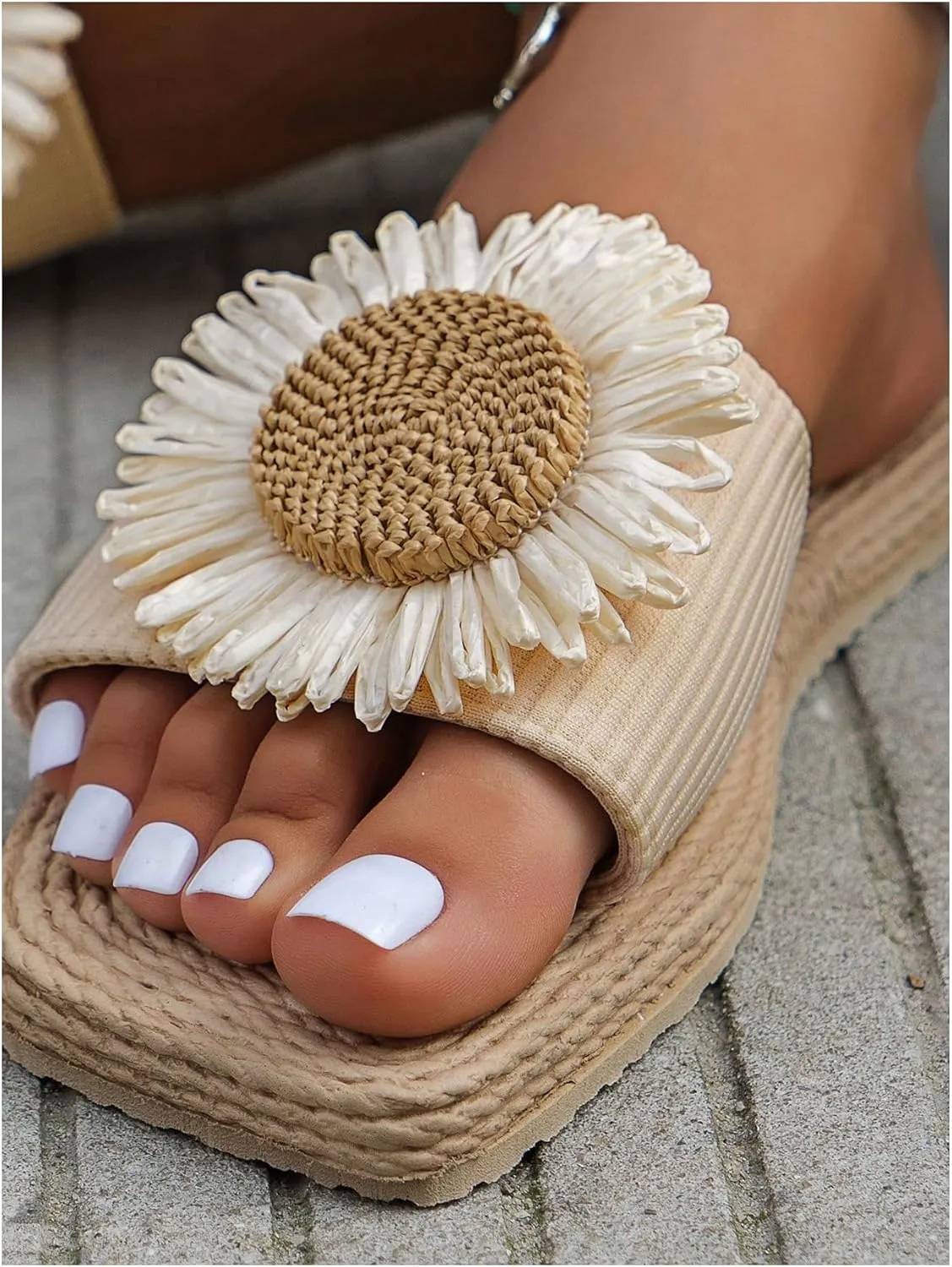 OYOANGLE Women's Flower Decor Linen Slide Sandals Square Open Toe Slip on Flat Sandal Beach Shoes