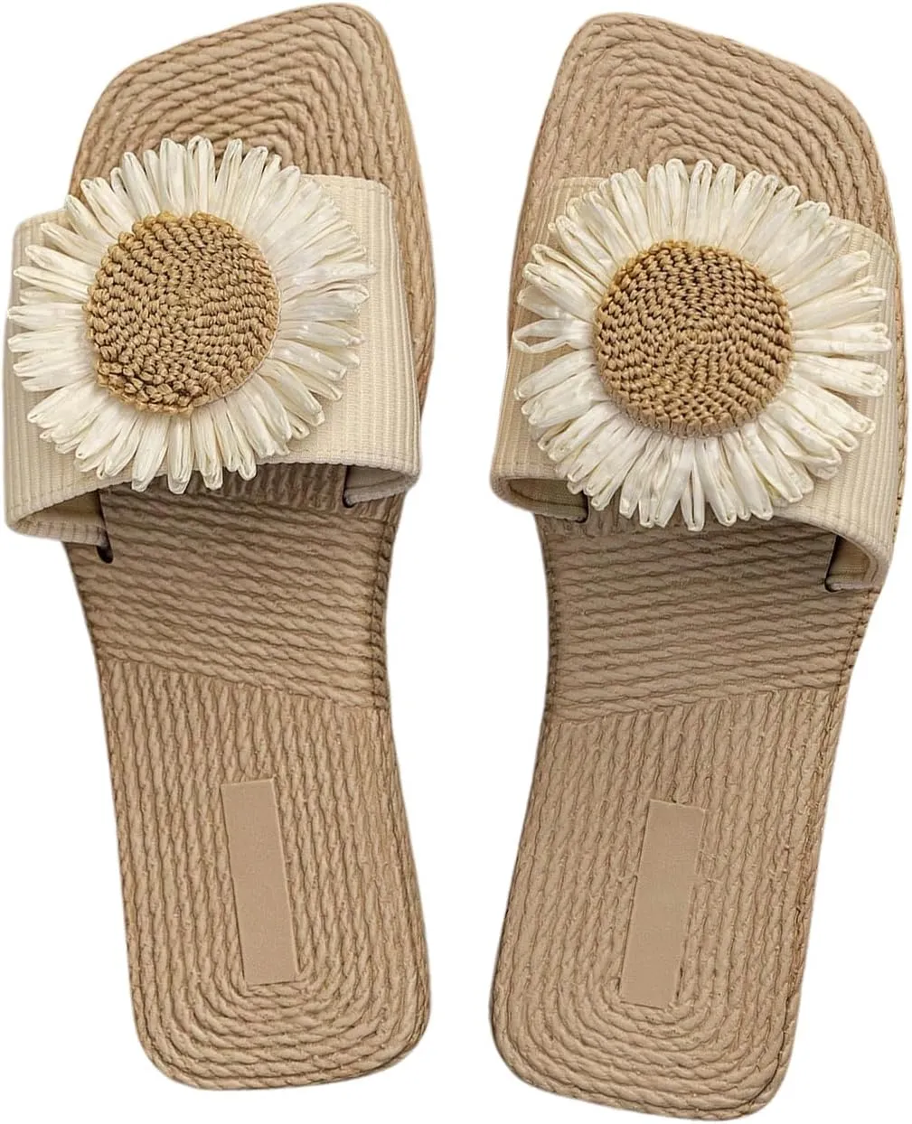 OYOANGLE Women's Flower Decor Linen Slide Sandals Square Open Toe Slip on Flat Sandal Beach Shoes