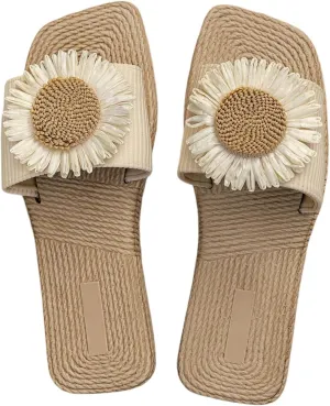 OYOANGLE Women's Flower Decor Linen Slide Sandals Square Open Toe Slip on Flat Sandal Beach Shoes
