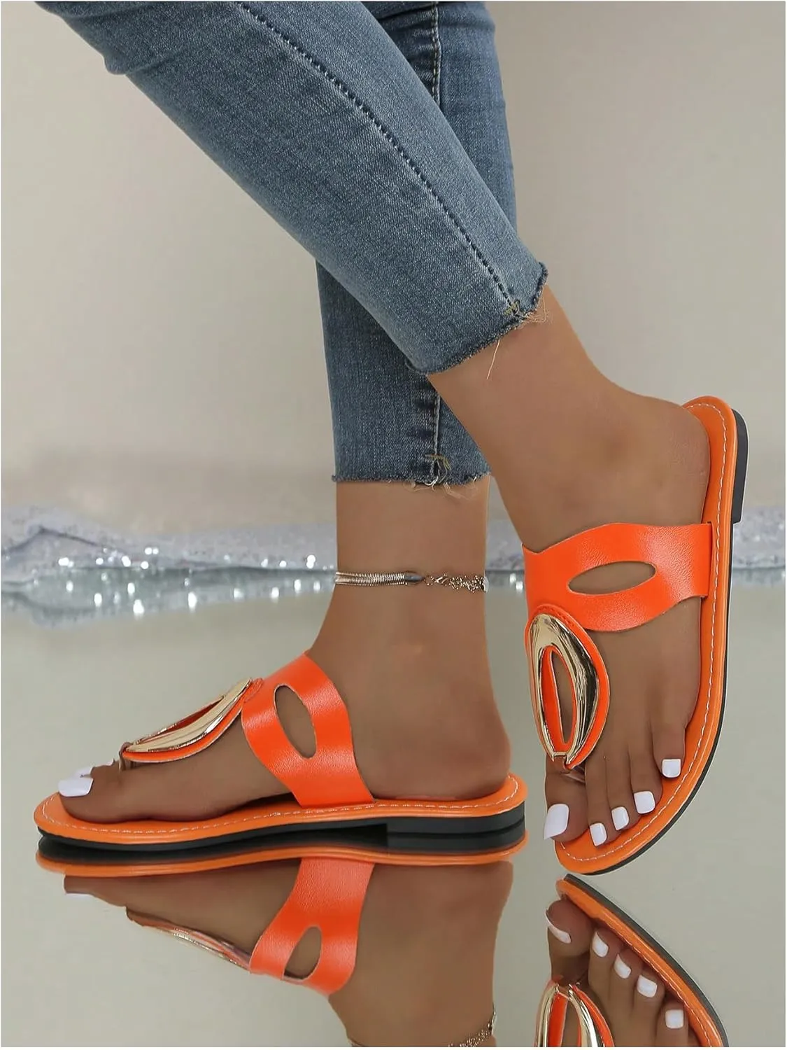 OYOANGLE Women's Metal Decor Leather Thong Sandals Open Toe Slip on Flat Sandal Casual Flip Flops