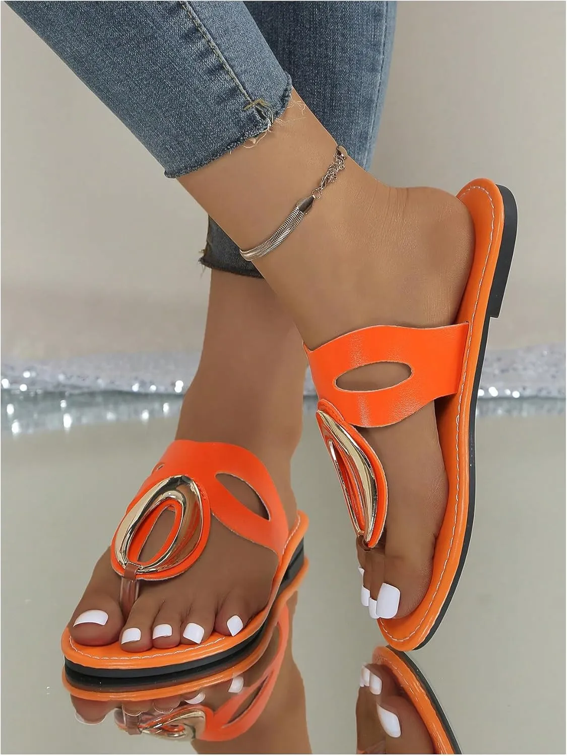 OYOANGLE Women's Metal Decor Leather Thong Sandals Open Toe Slip on Flat Sandal Casual Flip Flops