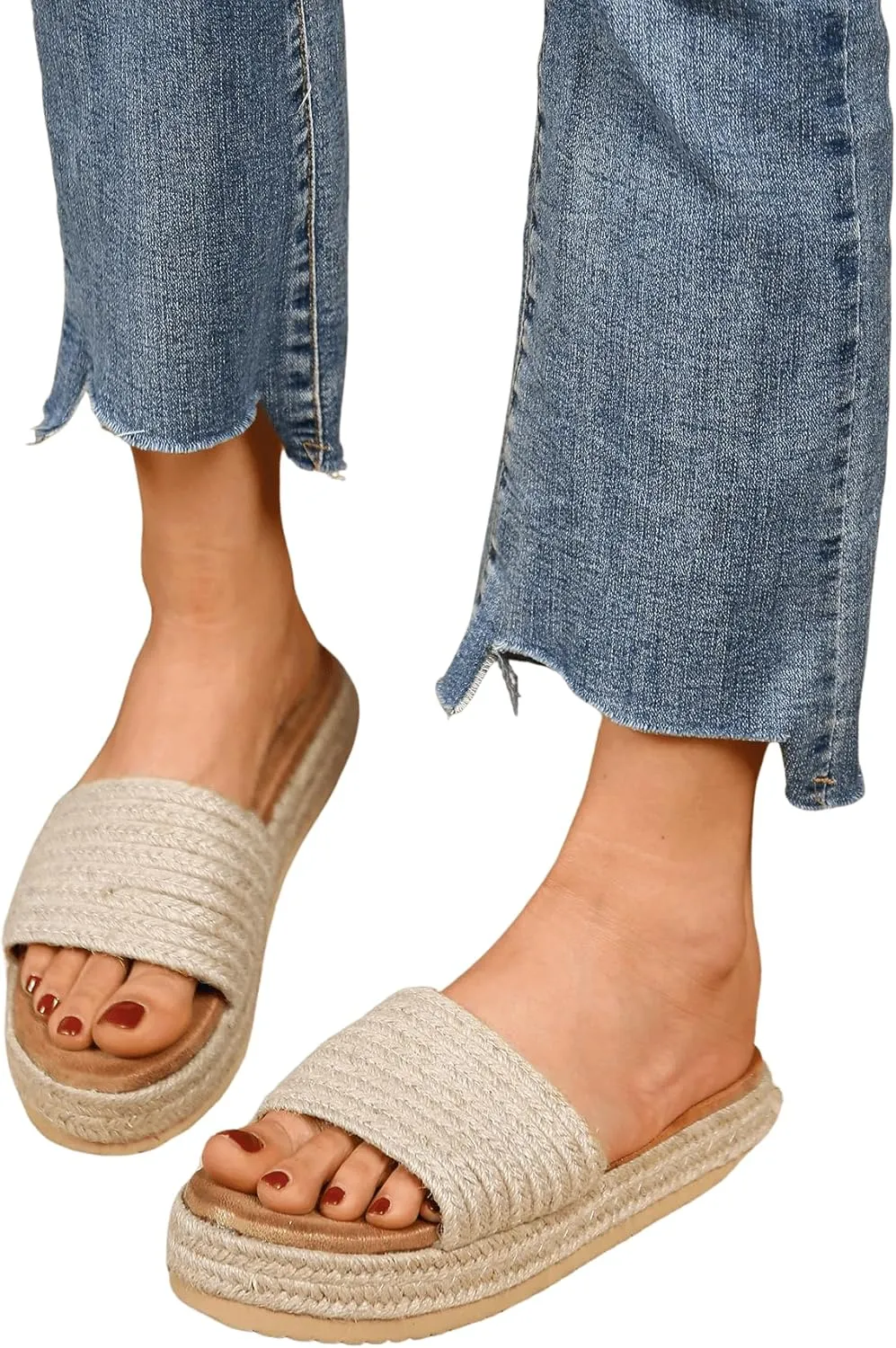 OYOANGLE Women's Single Band Espadrille Flatform Slide Sandals Open Toe Summer Solid Sandals