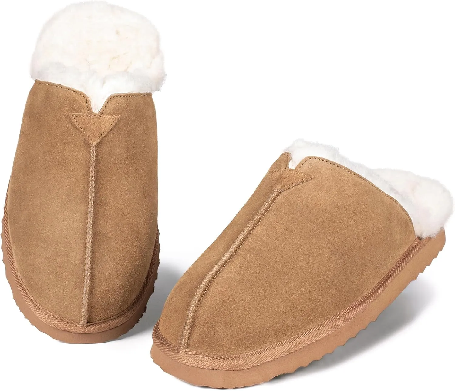 Parfeying Men's Sheepskin Shearling Slippers, Anti-slip Rubber Sole Indoor Outdoor Cow Suede Leather Slip on Slippers for Men