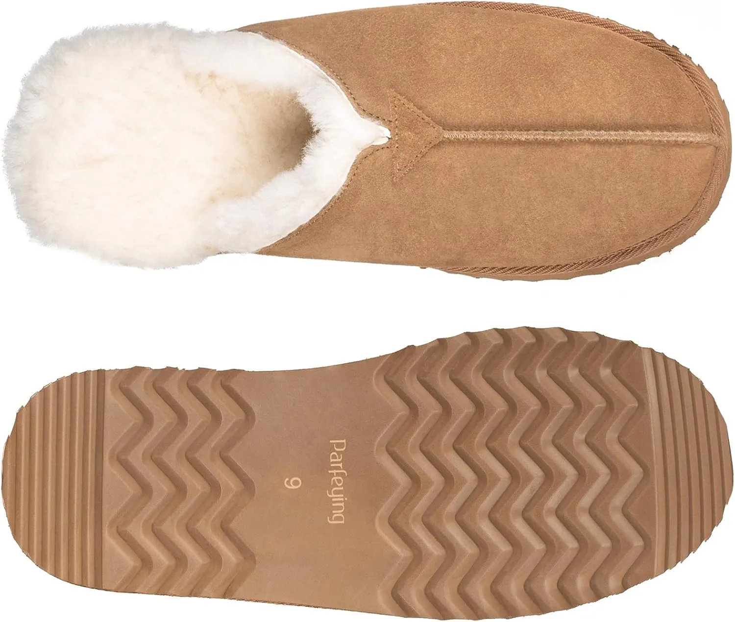 Parfeying Men's Sheepskin Shearling Slippers, Anti-slip Rubber Sole Indoor Outdoor Cow Suede Leather Slip on Slippers for Men