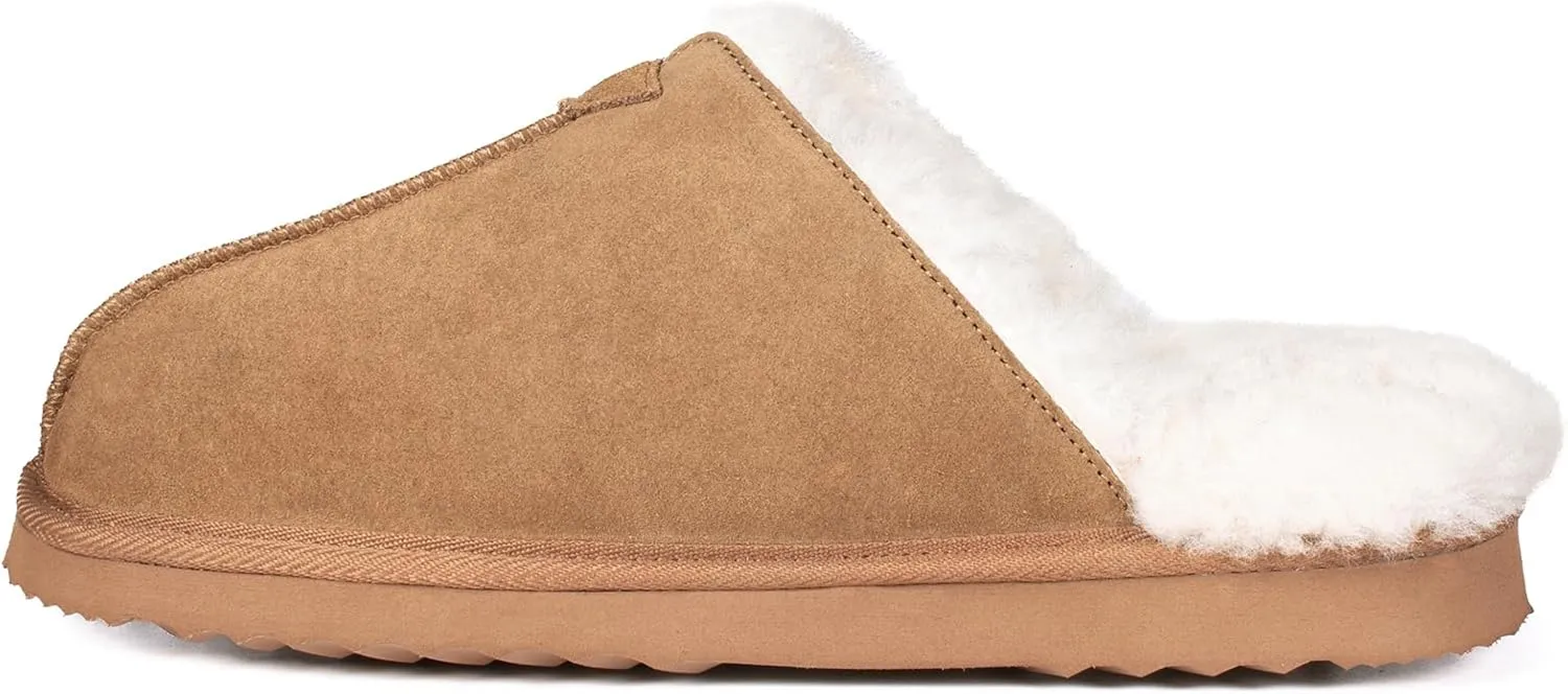Parfeying Men's Sheepskin Shearling Slippers, Anti-slip Rubber Sole Indoor Outdoor Cow Suede Leather Slip on Slippers for Men