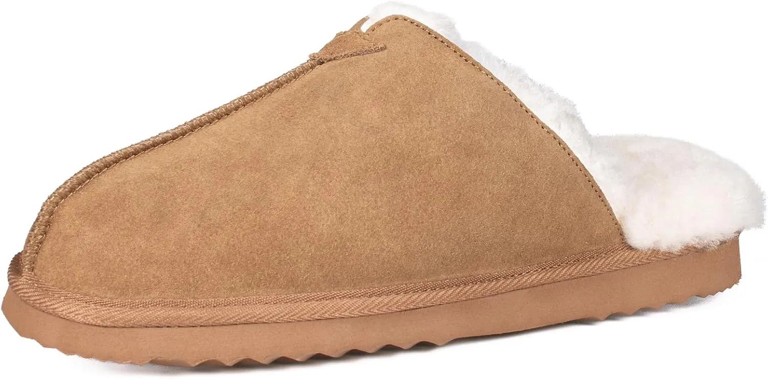 Parfeying Men's Sheepskin Shearling Slippers, Anti-slip Rubber Sole Indoor Outdoor Cow Suede Leather Slip on Slippers for Men