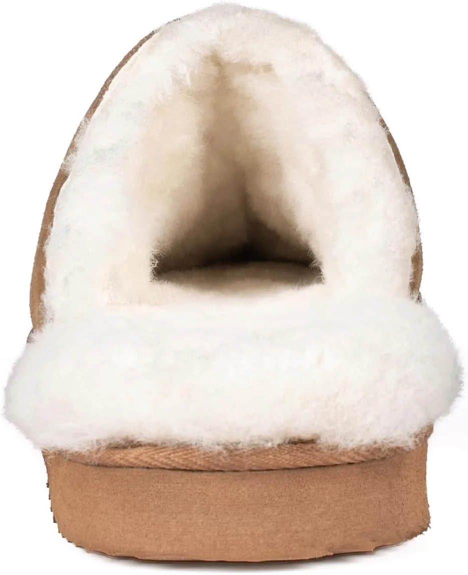 Parfeying Men's Sheepskin Shearling Slippers, Anti-slip Rubber Sole Indoor Outdoor Cow Suede Leather Slip on Slippers for Men