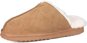 Parfeying Men's Sheepskin Shearling Slippers, Anti-slip Rubber Sole Indoor Outdoor Cow Suede Leather Slip on Slippers for Men