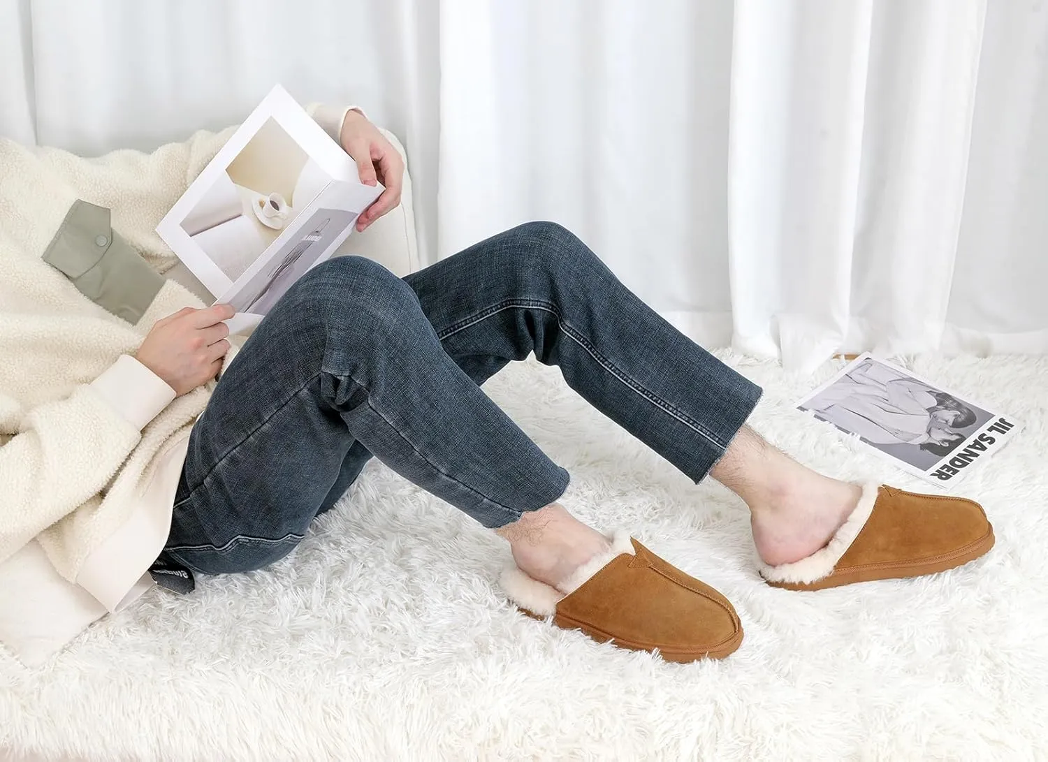 Parfeying Men's Sheepskin Shearling Slippers, Anti-slip Rubber Sole Indoor Outdoor Cow Suede Leather Slip on Slippers for Men