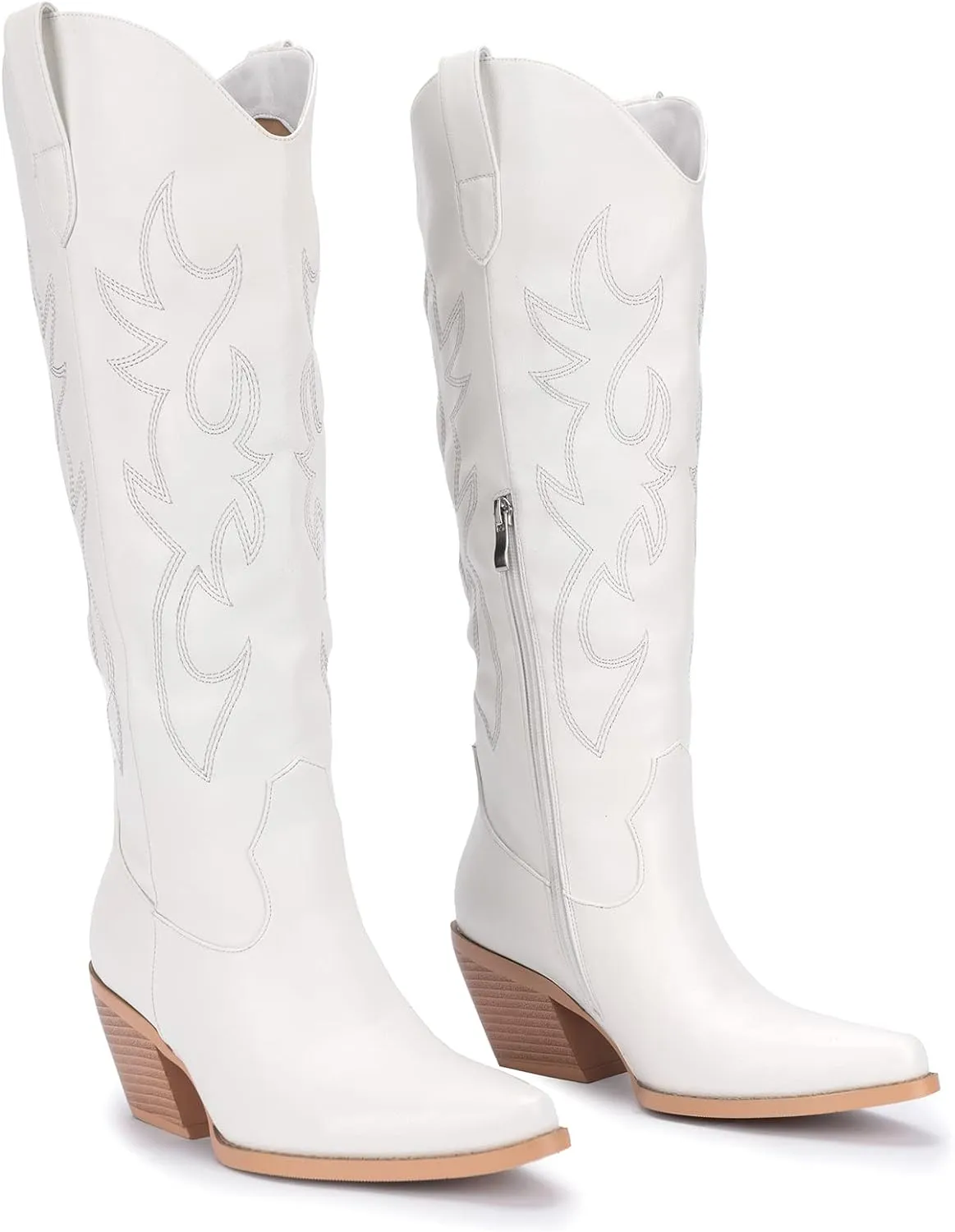 Pasuot Western Cowboy Boots for Women - Knee High Wide Calf Cowgirl Boots with Classic Embroidered, Slip On Pointed Toe Chunky Heel Fashion Retro Classic Pull On Tall Boot for Girls Ladies Fall Winter