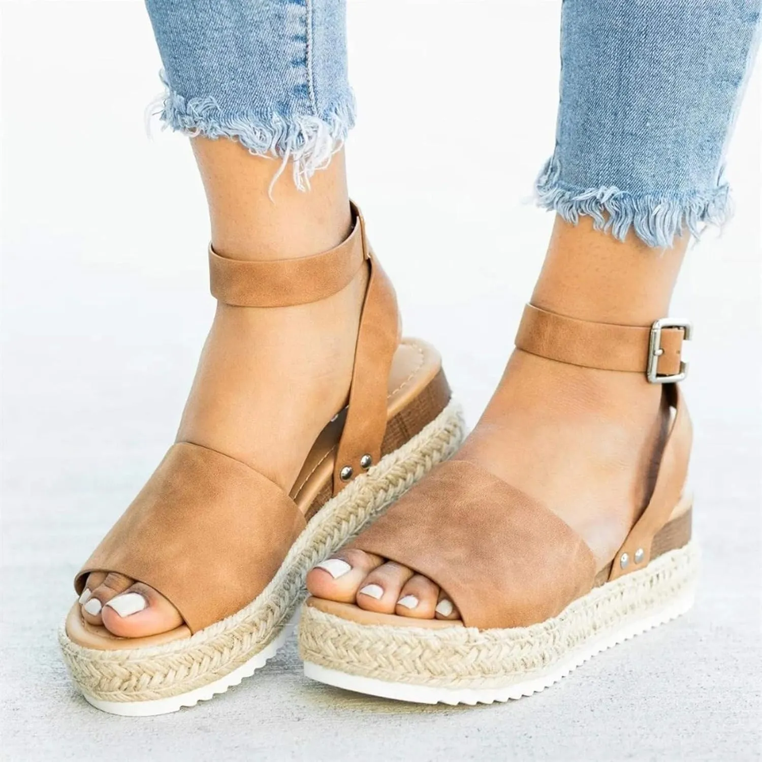 Platform Sandals for Women Dressy Summer Flat Open Toe Ankle Strap Espadrilles Flatform Platform Wedge Sandals Women Fashion Summer Strappy Sandals Comfortable Walking Sandals Casual (a-Brown, 7.5)