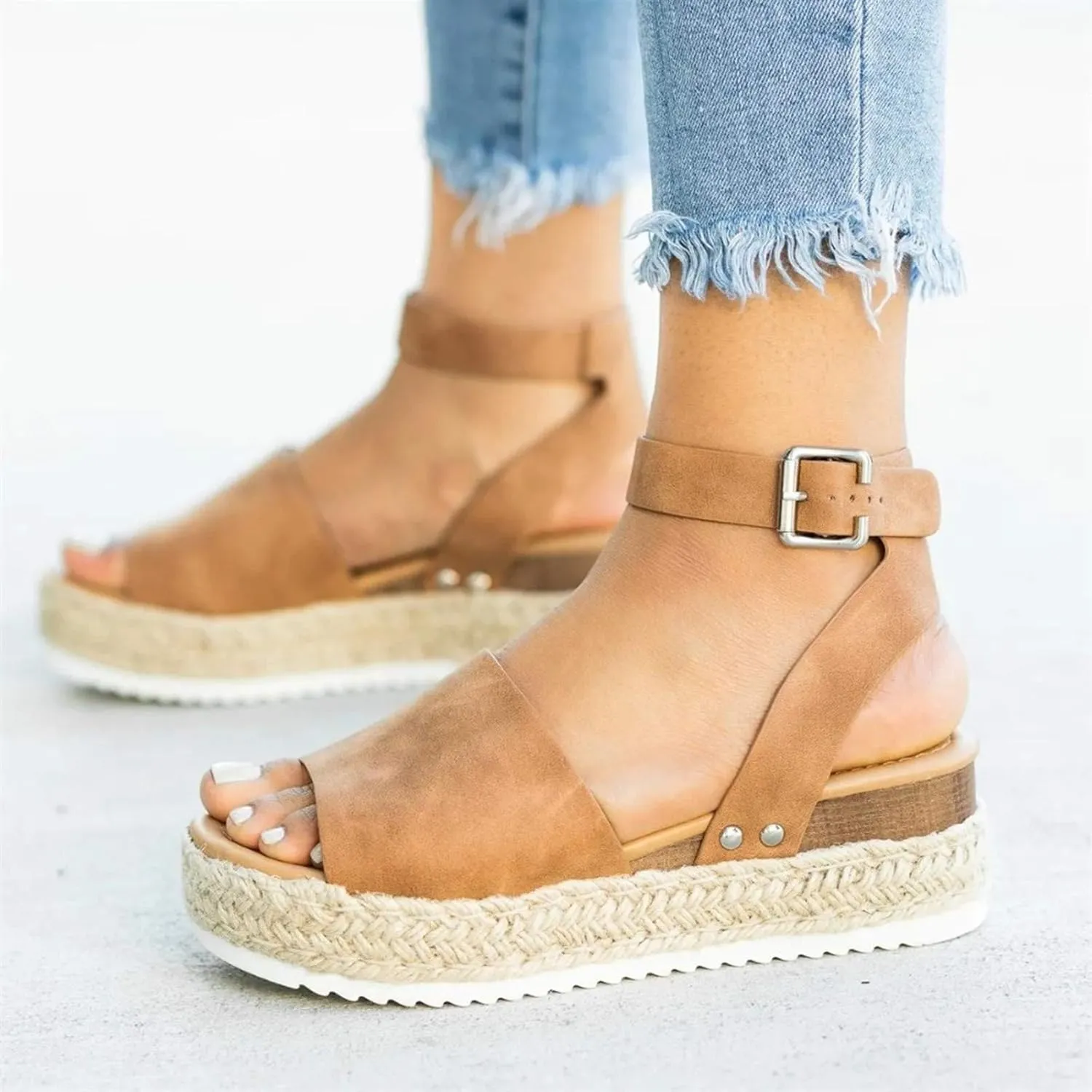 Platform Sandals for Women Dressy Summer Flat Open Toe Ankle Strap Espadrilles Flatform Platform Wedge Sandals Women Fashion Summer Strappy Sandals Comfortable Walking Sandals Casual (a-Brown, 7.5)