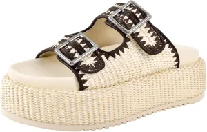 Platform Sandals for Women Espadrille Wedges Summer Beach Comfortable Open Toe Cute Woven Straw Crochet Vacation Slides Mules Casual