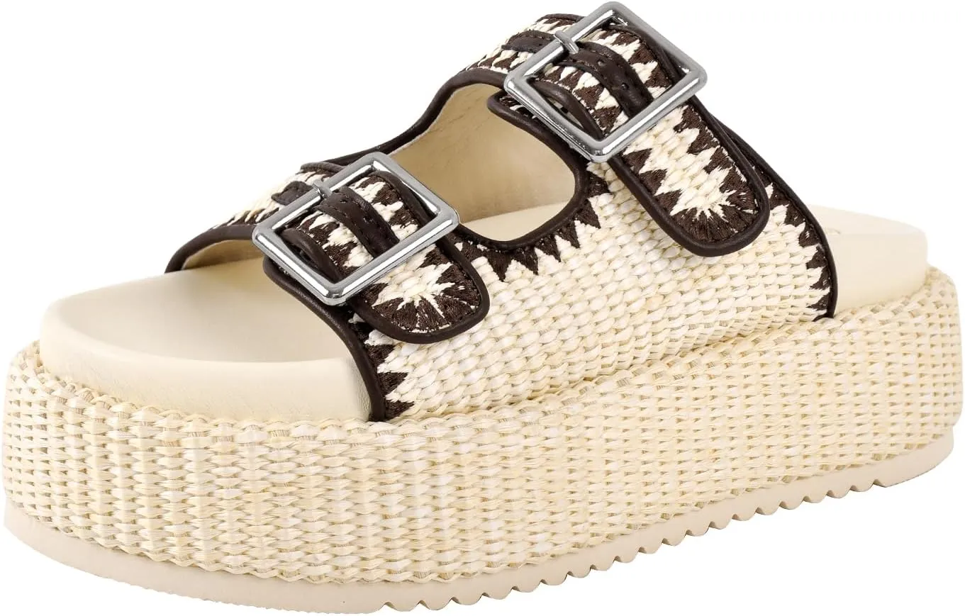 Platform Sandals for Women Espadrille Wedges Summer Beach Comfortable Open Toe Cute Woven Straw Crochet Vacation Slides Mules Casual