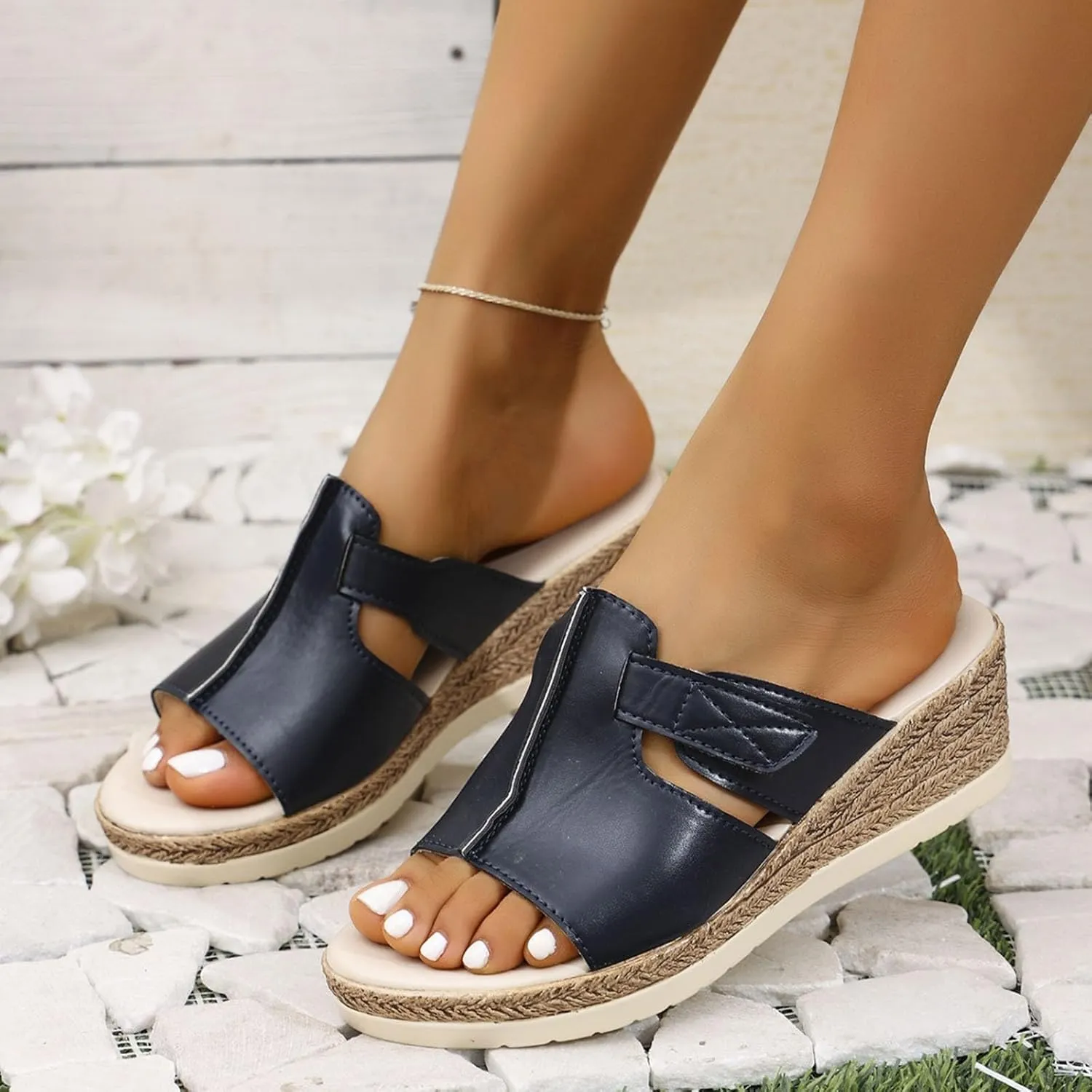 Platform Sandals for Women Slides Casual Dressy Espadrille Wedge Sandals Buckle Band Backless Slip On Summer Wedges