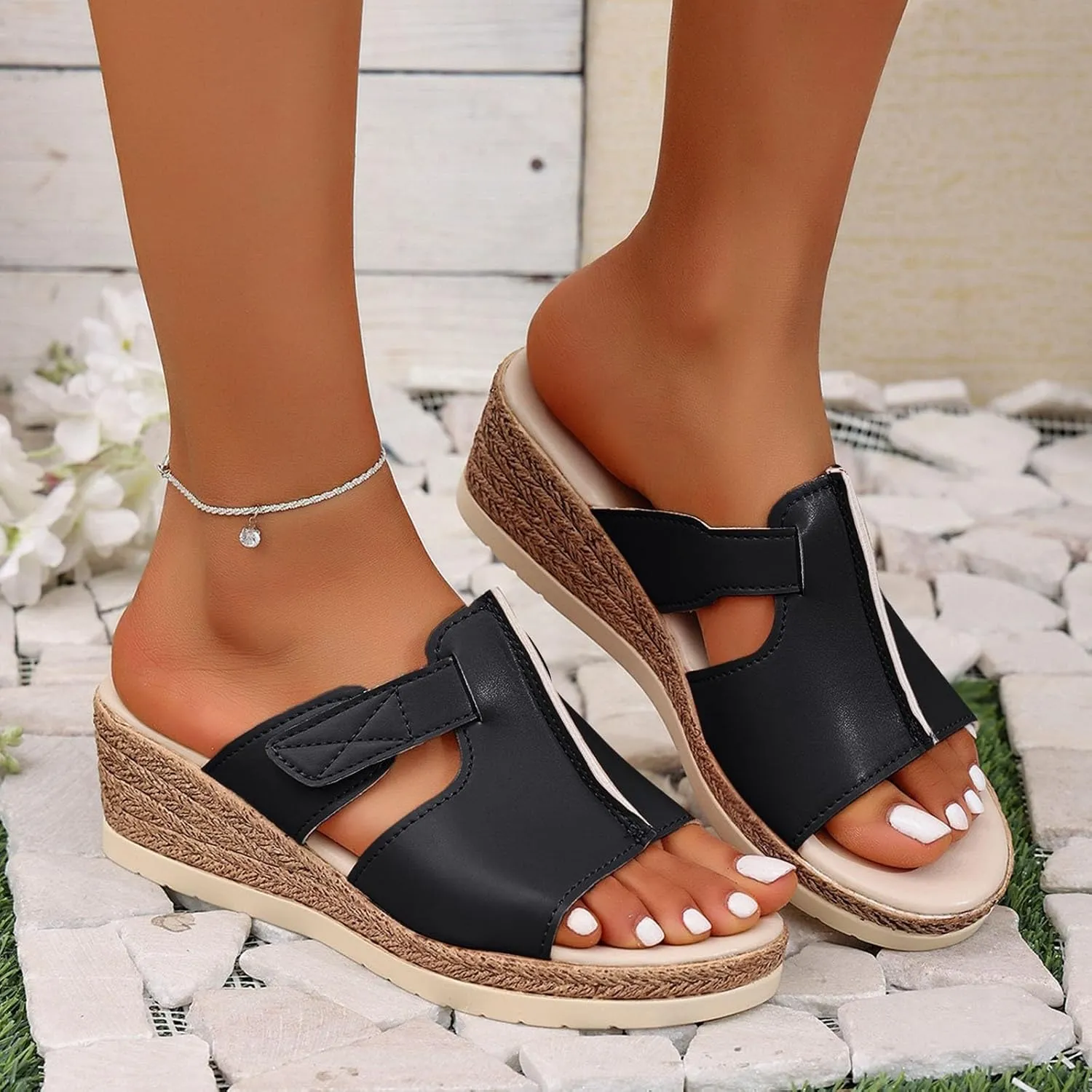Platform Sandals for Women Slides Casual Dressy Espadrille Wedge Sandals Buckle Band Backless Slip On Summer Wedges