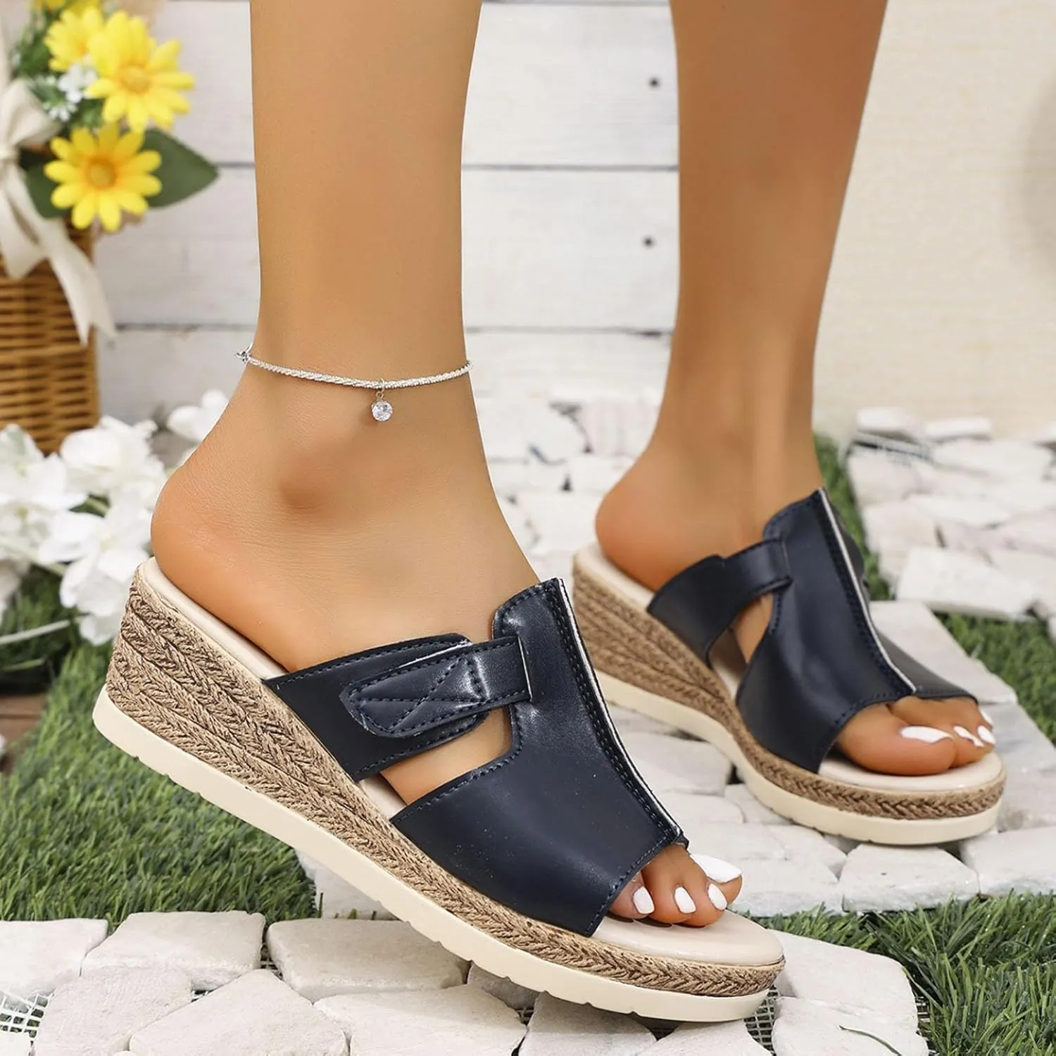 Platform Sandals for Women Slides Casual Dressy Espadrille Wedge Sandals Buckle Band Backless Slip On Summer Wedges