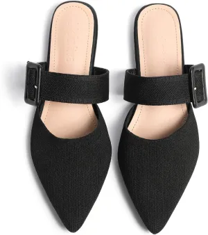 Pointed Toe Mules for Women Flats，Wide Width Mules，Slip On Mules Backless， Black Size 8