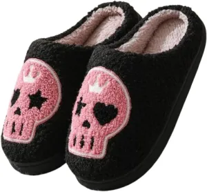 Premium Comfort Gothic Skulls Design Thermal Non Slip Women's Fuzzy House Slippers Indoor Soft Warm Shoes Cushion Sole