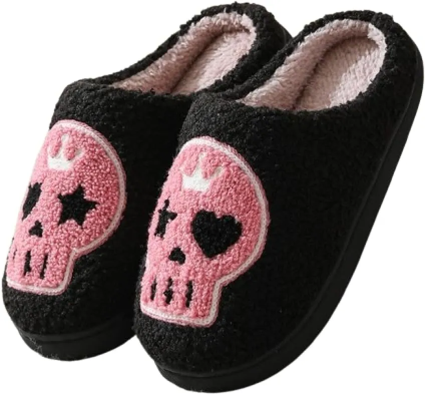 Premium Comfort Gothic Skulls Design Thermal Non Slip Women's Fuzzy House Slippers Indoor Soft Warm Shoes Cushion Sole