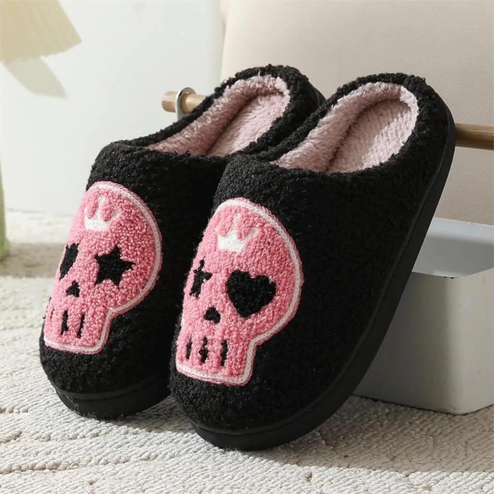 Premium Comfort Gothic Skulls Design Thermal Non Slip Women's Fuzzy House Slippers Indoor Soft Warm Shoes Cushion Sole